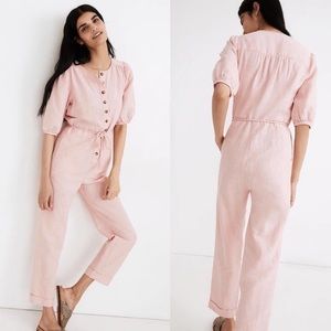 Madewell Linen-Blend Puff-Sleeve Tassel-Tie Jumpsuit